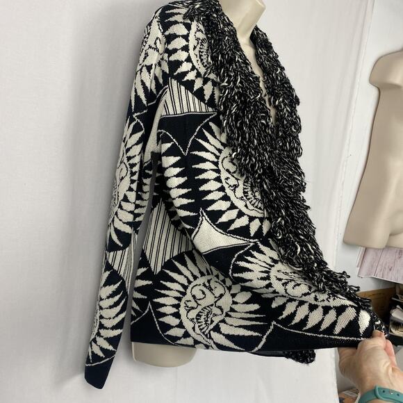 Chicos Cardigan Sweater Size 2 Large Wool Silk Blend Fringe Boho Artsy Chunky - Picture 4 of 11